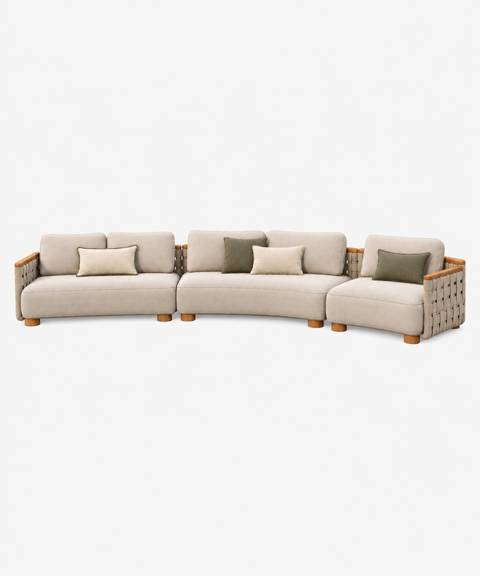 Curved Modular Fabric Sofa With Woven Sides & Ash Wood Accents