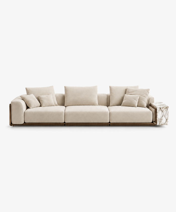 Italian Minimalist Straight Fabric Sofa With Wood Veneer & Luxury Stone Side Table