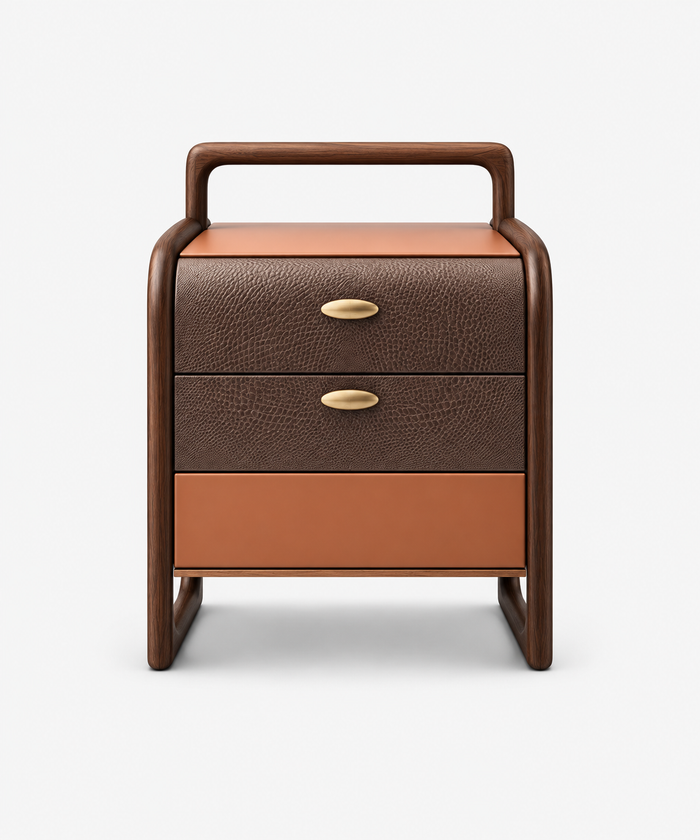 Light Luxury Three-Drawer Nightstand With Handle-Style Bent Wood Frame & Color-Blocked Leather