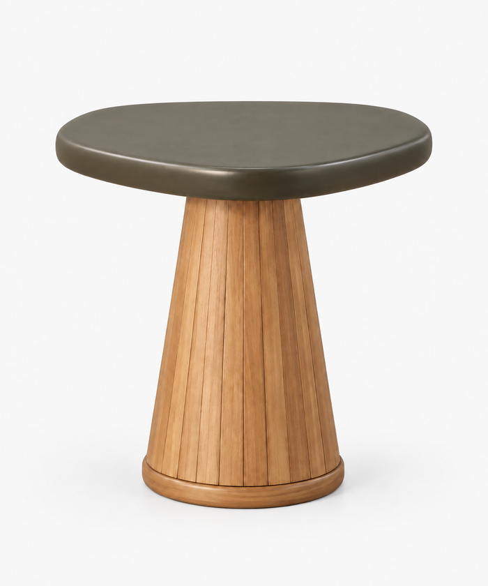 Rounded Triangle Metal Side Table With Oak Pedestal Base