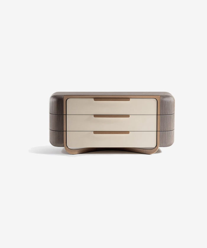 Rounded Three-Drawer Nightstand With Vertical Fluted Curved Walnut Wood – customizable furniture by AWCASA