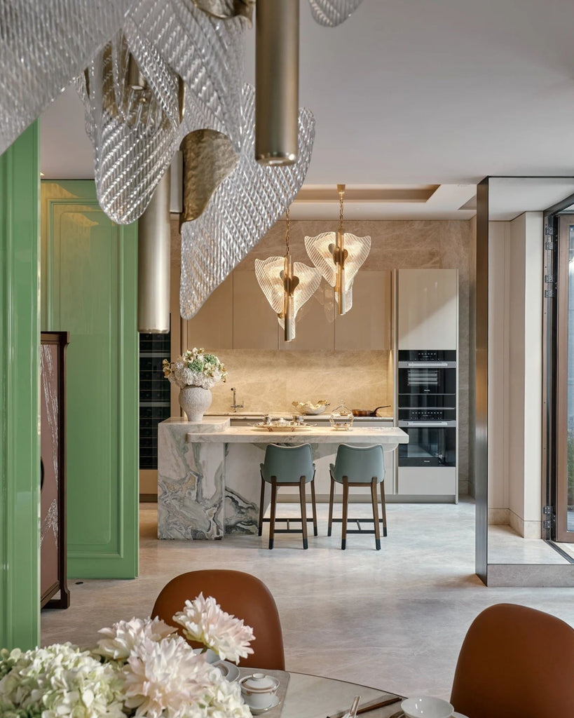 Dwelling in Stillness — A Modern Oriental Living Scene Framed by a Stone Dining Table