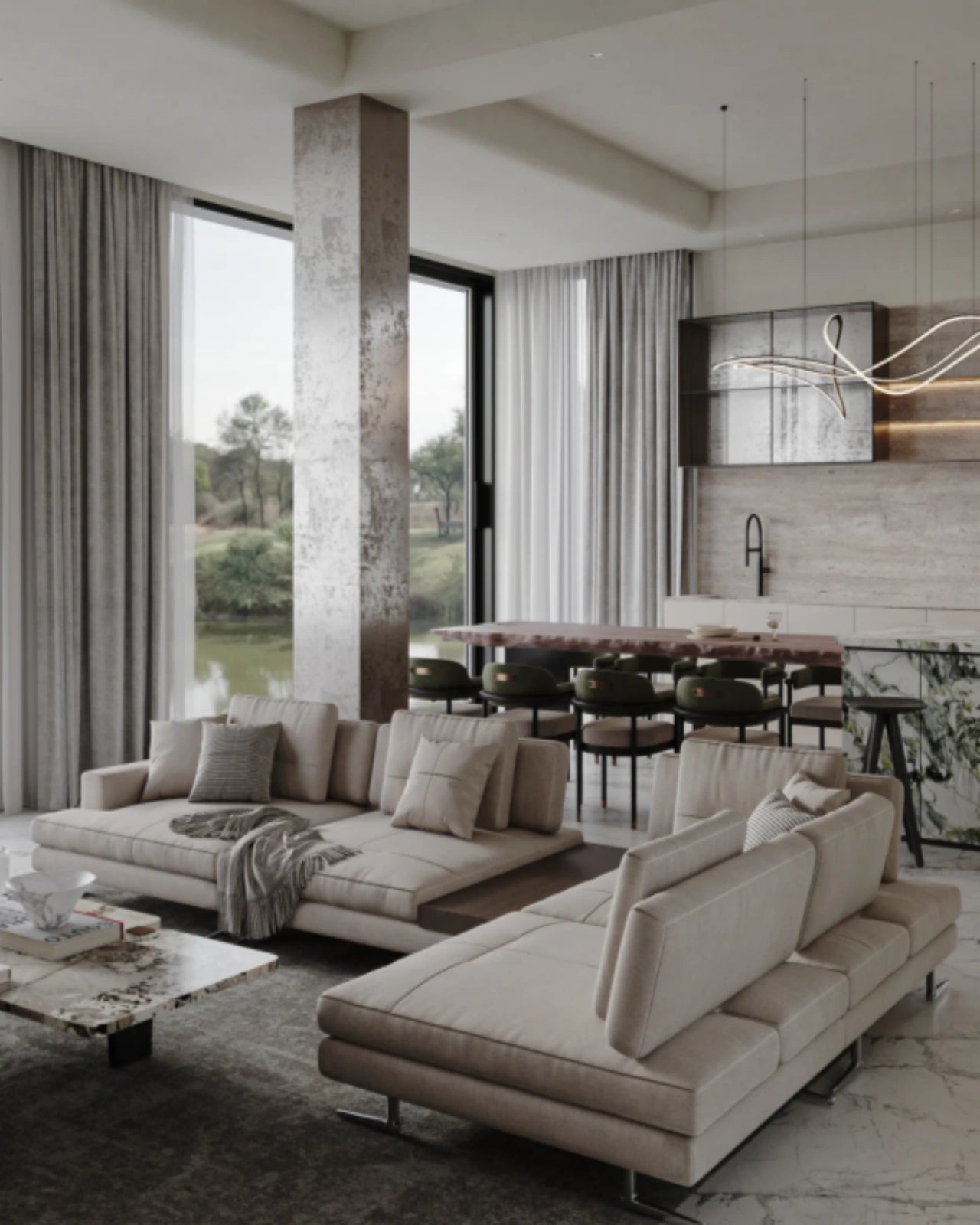 Cozy and Elegant Home with a Luxurious Beige Fabric Sofa