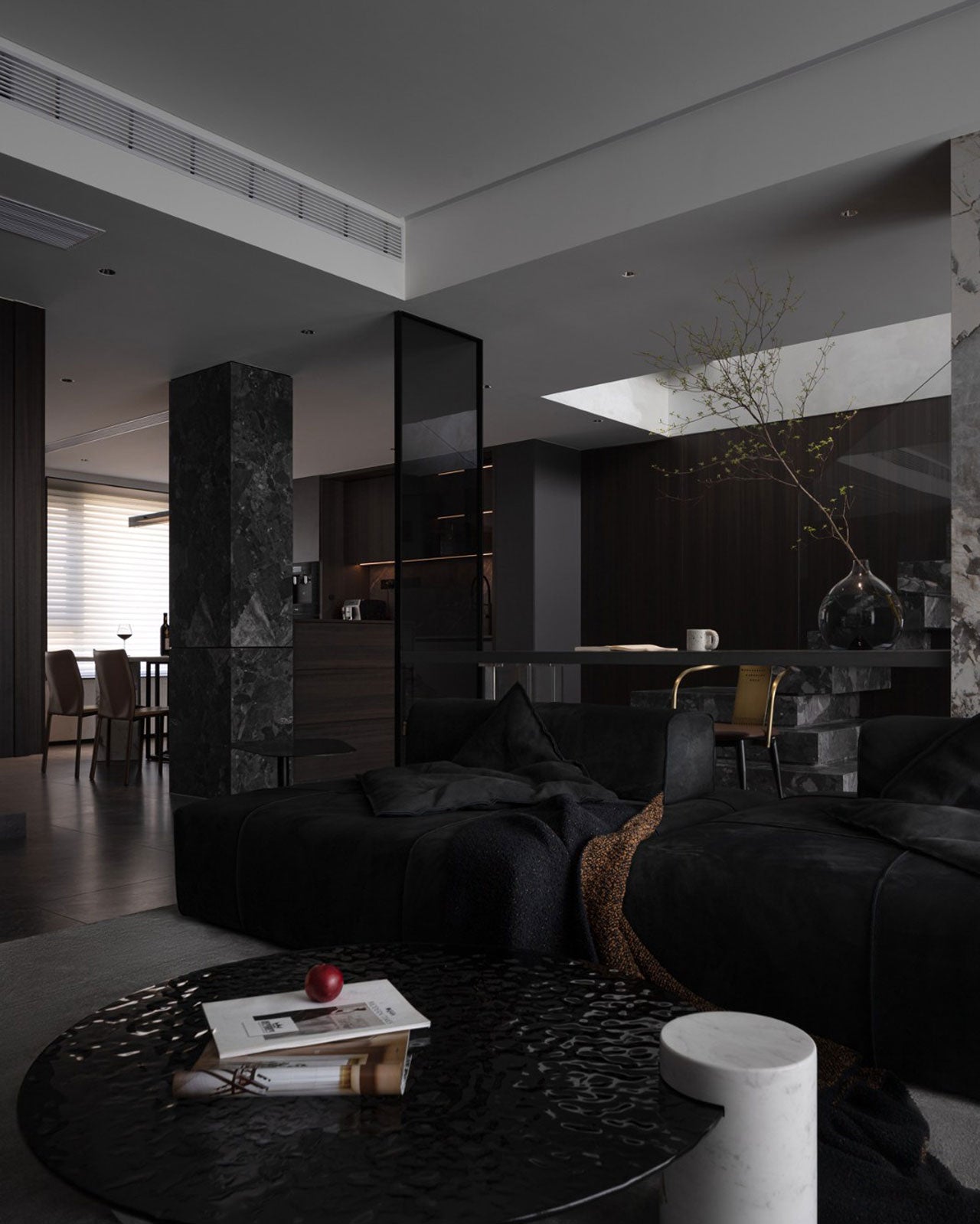 Dark Minimalist Home Design Featuring a Black Leather Sofa