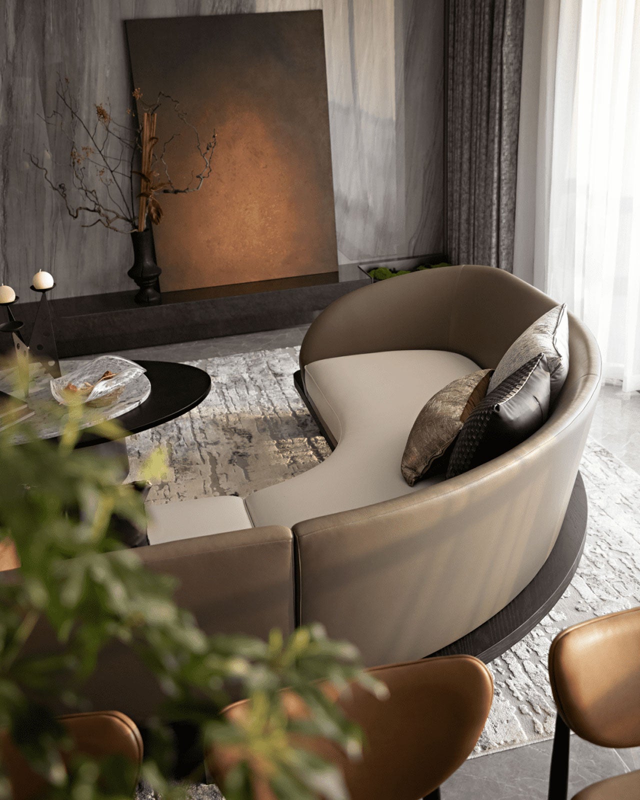 The Secret to a Stylish Living Room: Brown Leather Curved Sofas
