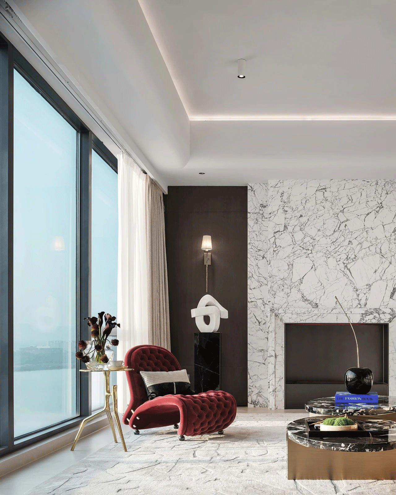 Dynamic Duo: Black Marble Coffee Table & Red Arc Chair