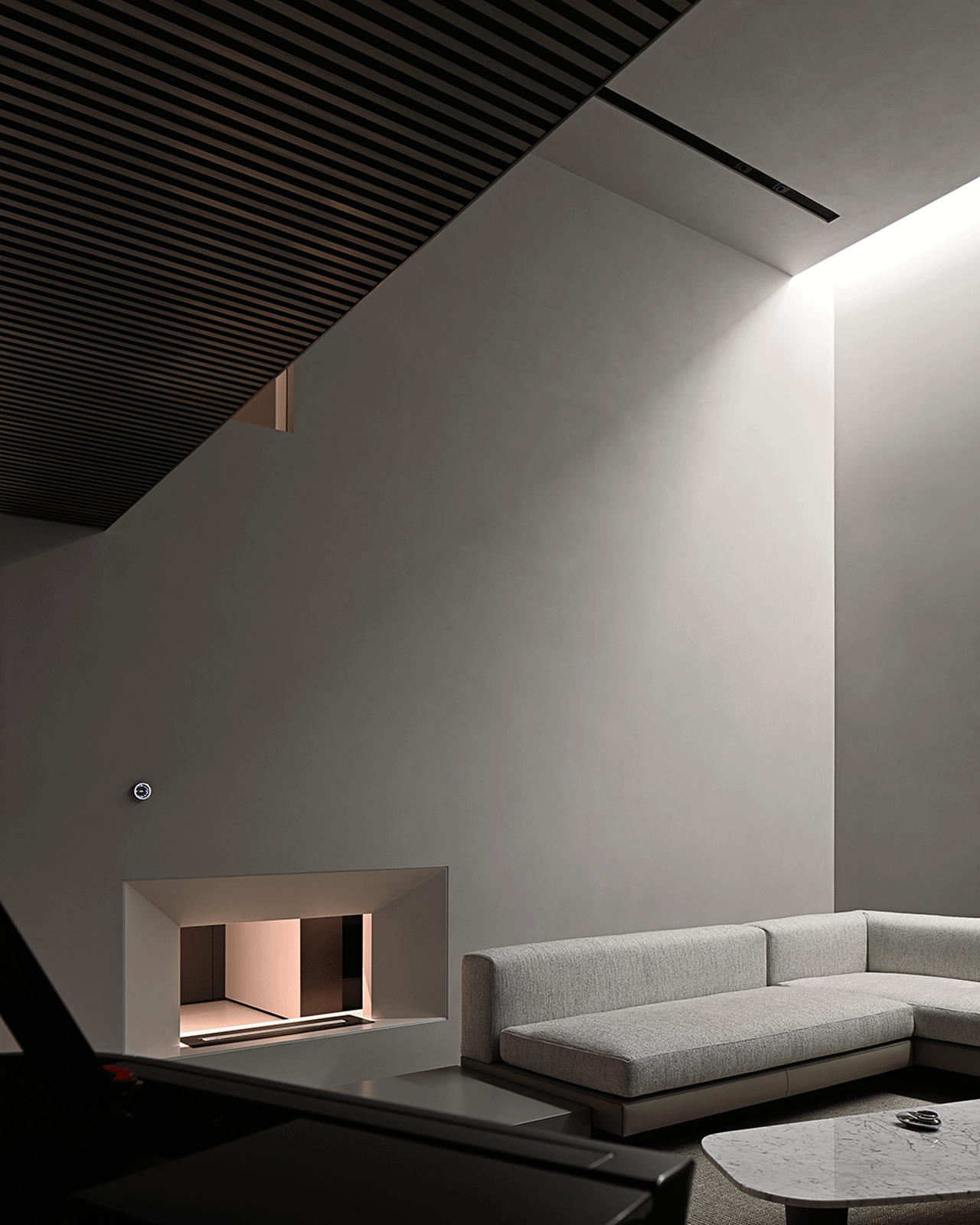 Modern Elegance: Gray Fabric Sofa and Arc-shaped Dining Chairs