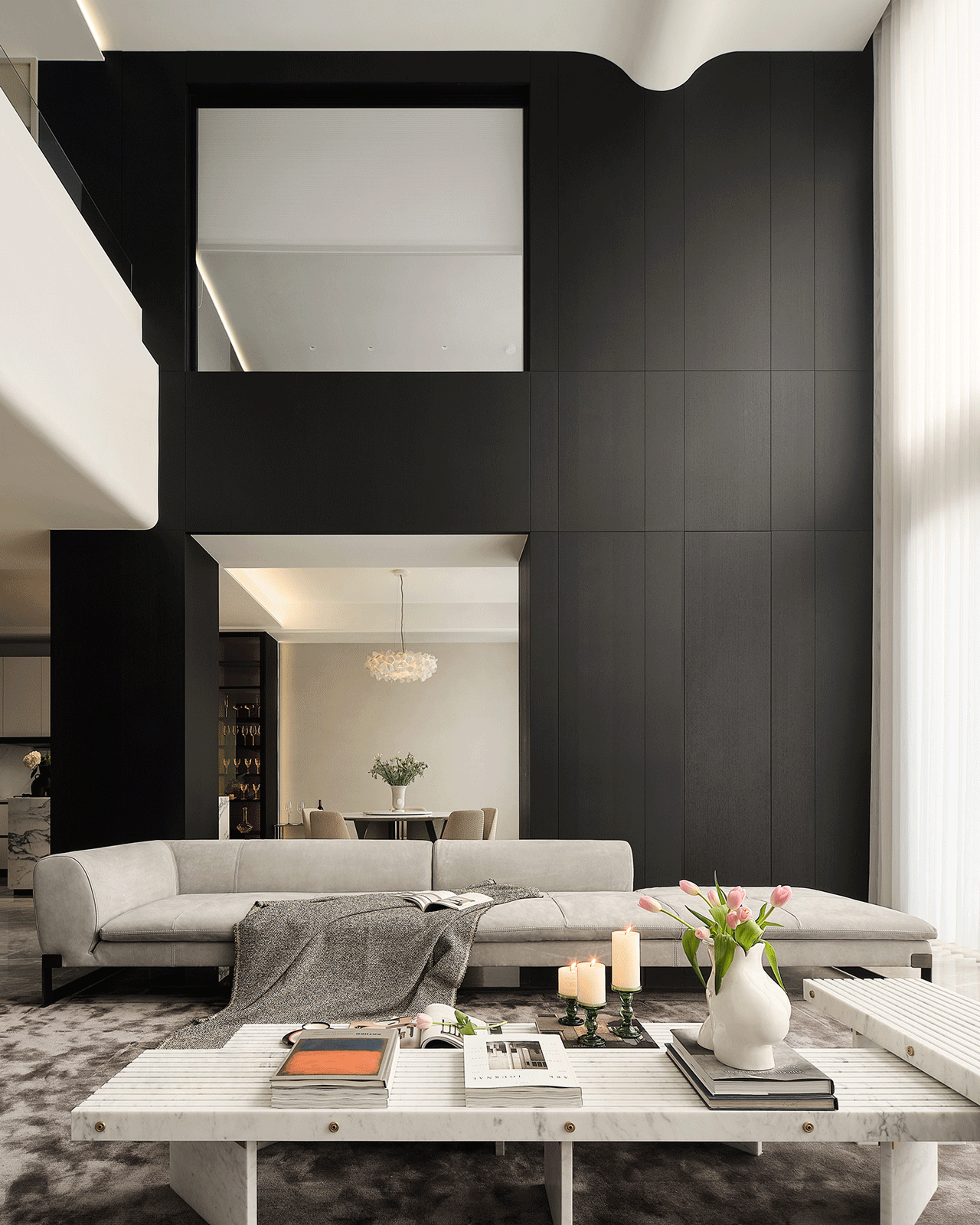 Minimalist Living Room: Gray Leather Straight Sofa