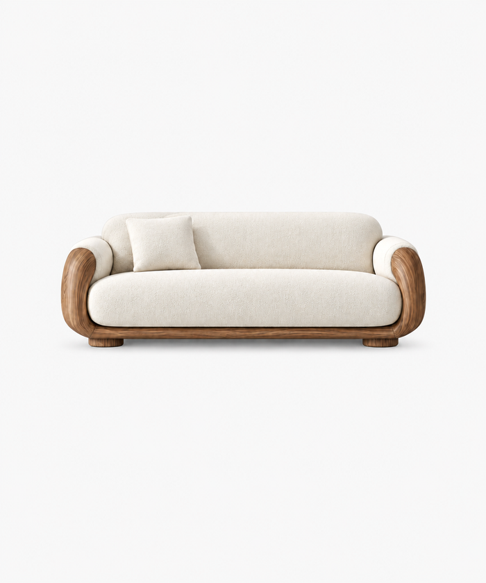 Cream Fabric Two-Seater Sofa With Curved Bent Wood Enveloping Armrests