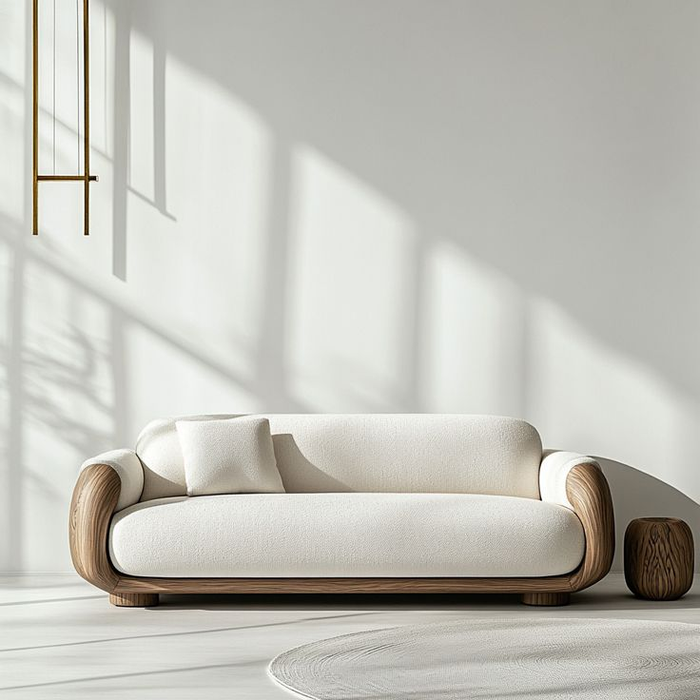 Cream Fabric Two-Seater Sofa With Curved Bent Wood Enveloping Armrests