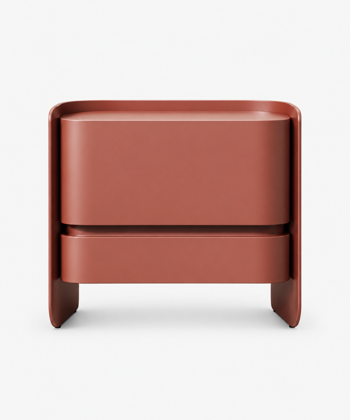 Integrated Curved Matte Reddish-Brown Minimalist 2-Drawer Nightstand