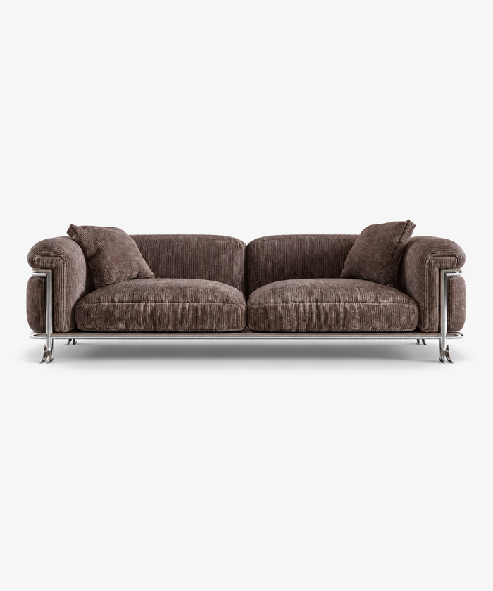 Italian Minimalist Two-Seater Sofa With Corduroy Fabric & Stainless Steel Frame