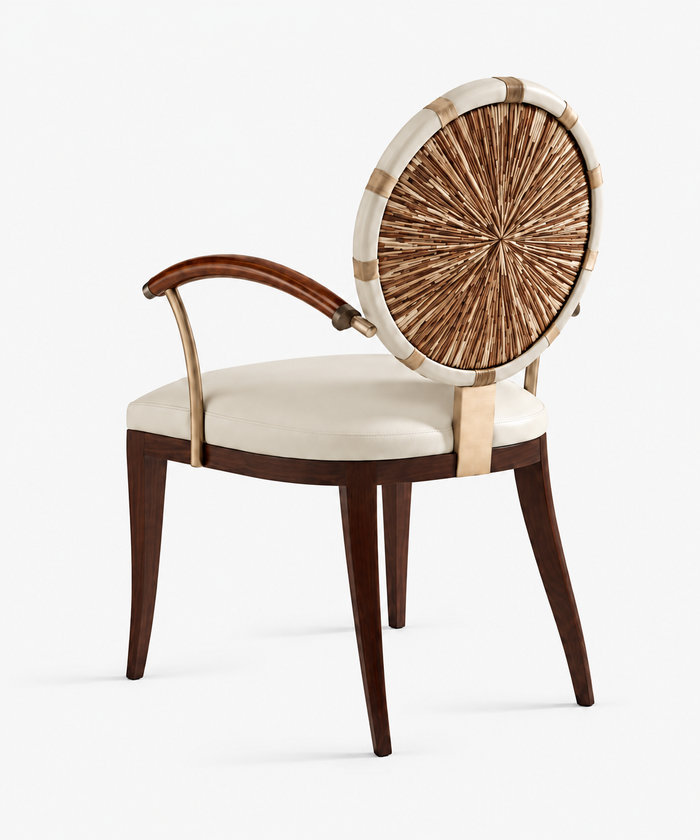 Light Luxury Arm Dining Chair With Sunburst Handmade Wood Inlay Round Backrest