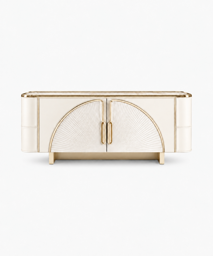 Light Luxury Rounded Sideboard With Semicircular Radial Texture & Champagne Gold Metal Trim