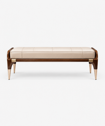 Luxurious leather bed bench with walnut frame and gold legs – front view