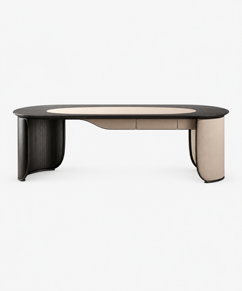 Modern vegan leather desk with oval top and three drawers – front view