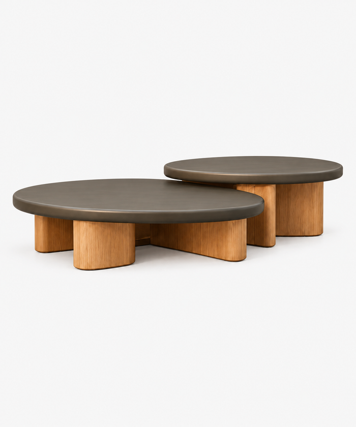 Rounded Metal Coffee Table Set With Oak Panel Legs