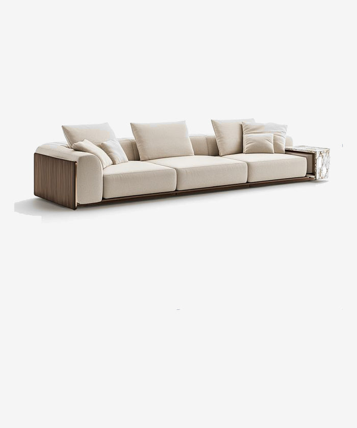 Italian Minimalist Straight Fabric Sofa With Wood Veneer & Luxury Stone Side Table – customizable furniture by AWCASA