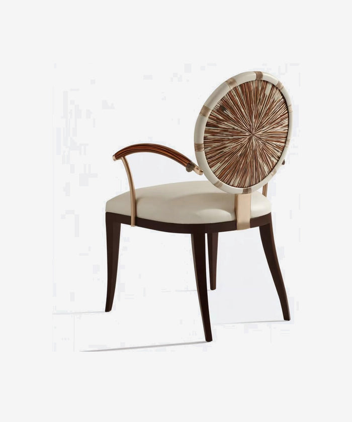 Light Luxury Arm Dining Chair With Sunburst Handmade Wood Inlay Round Backrest – customizable furniture by AWCASA