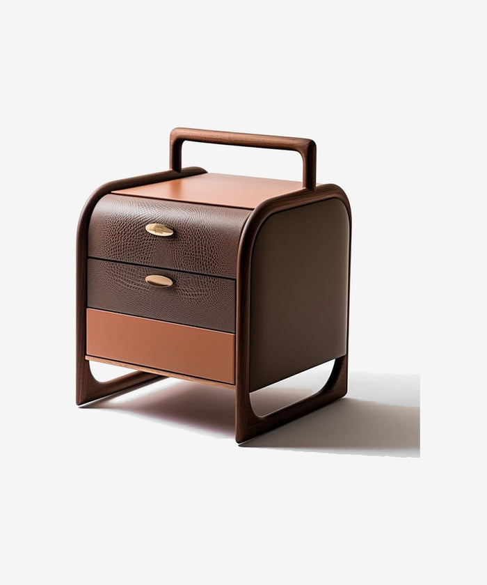Light Luxury Three-Drawer Nightstand With Handle-Style Bent Wood Frame & Color-Blocked Leather – customizable furniture by AWCASA