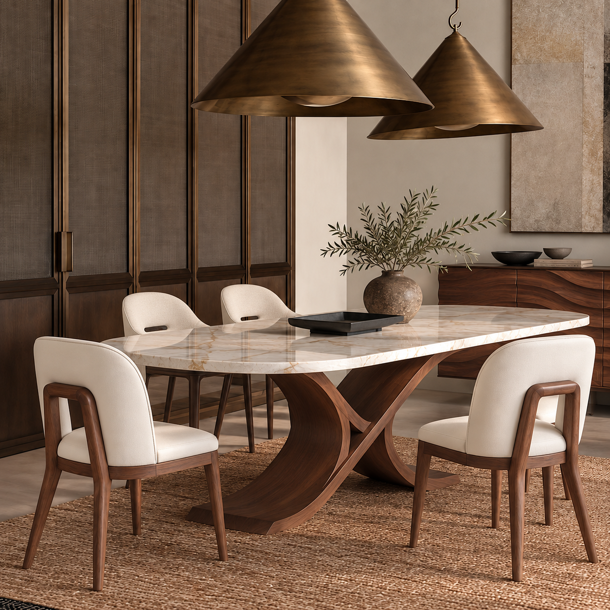 Contemporary AWCASA dining room with marble dining table, upholstered chairs and walnut sideboard